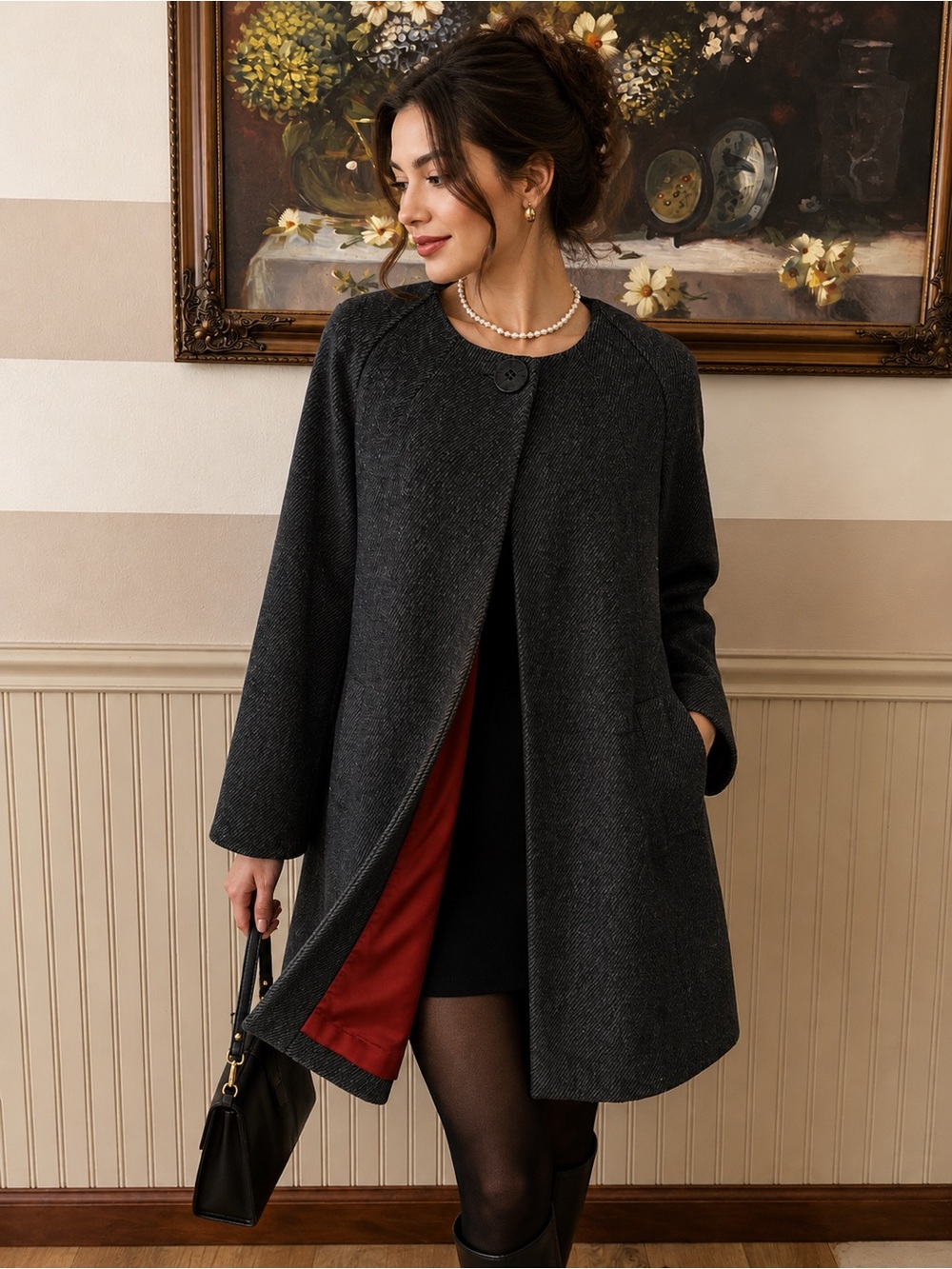 mac & jac Charcoal Grey A-Line Single-Button Pea Coat with Red Lining